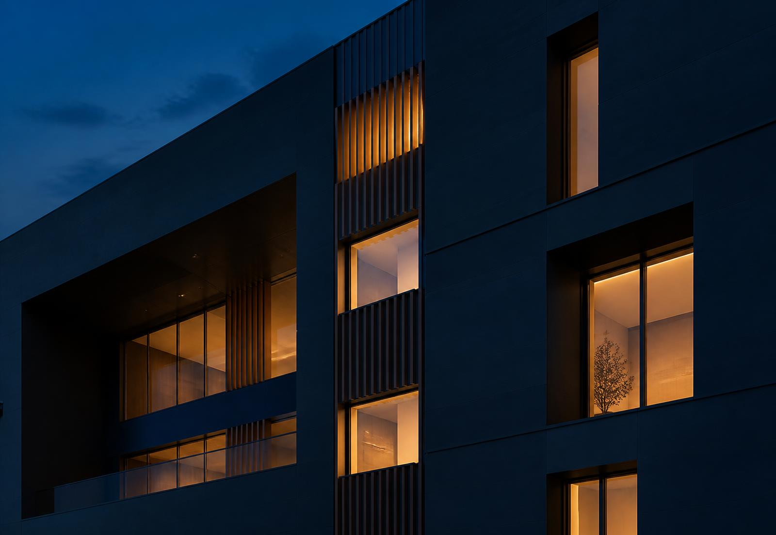 Modern building facade lit at dusk